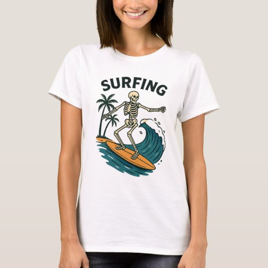Skeleton Surfen Retro Beach Wave Design T-shirt (Voorkant)