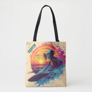 Skeleton Surfer Levendig Blauw Paarse Roze Tropisc Draagtas
