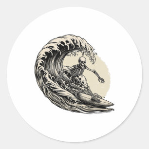 Skeleton Surfer Vintage Grote Golf Surfen Grappig Ronde Sticker
