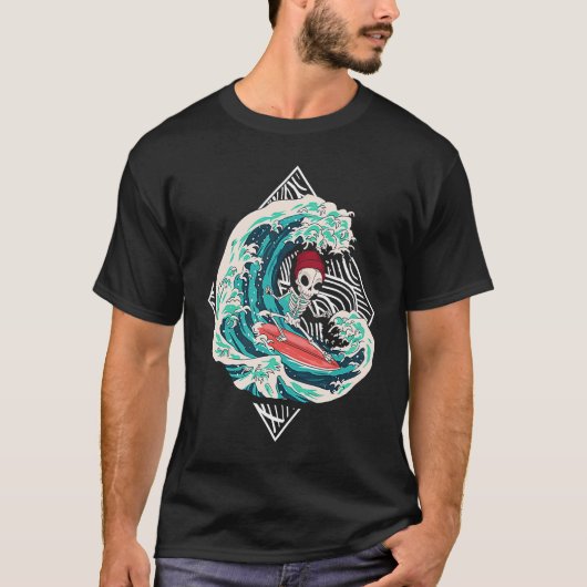 Skeleton Surfer Waves Ocean Surfboard Surfing T-shirt (Voorkant)