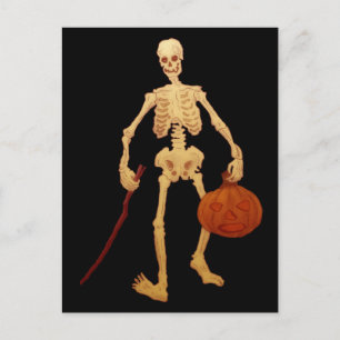 Skeleton terwijl u een stekker en pompoen vasthou Briefkaart