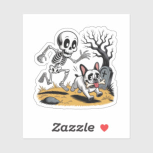 Skeleton vs Franse Bulldog – Grappige Halloween Ja Sticker