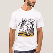 Skeleton vs French Bulldog – Funny Halloween Chase T-shirt (Voorkant)