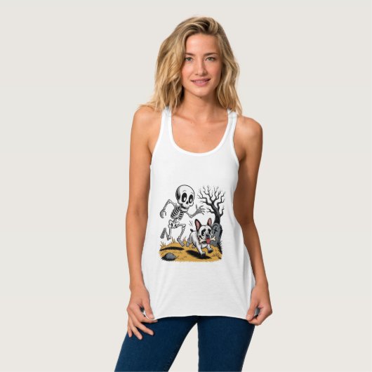 Skeleton vs French Bulldog – Funny Halloween Chase Tanktop (Volledige Voorkant)