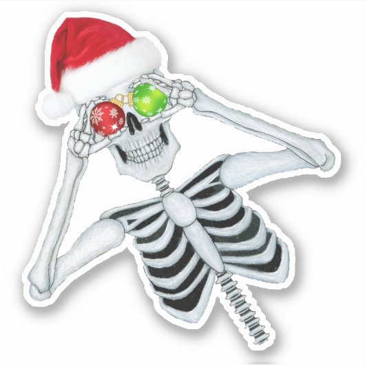 Skeleton Wearing Santa Hat-kerstversieringen Sticker (Voorkant)