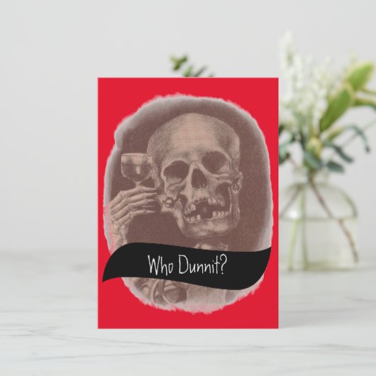 Skeleton Who Dunnit? Mystery Wine Invitations Kaart (Staand voorkant)