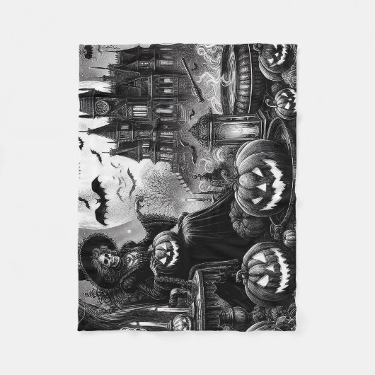 Skeleton Witch Pumpkin Fleece Deken (Voorkant)