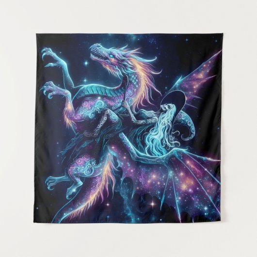 Skeleton Witch Rijden op een Draak, Cosmic Fantasy Wandkleed (Voorkant (horizontaal))