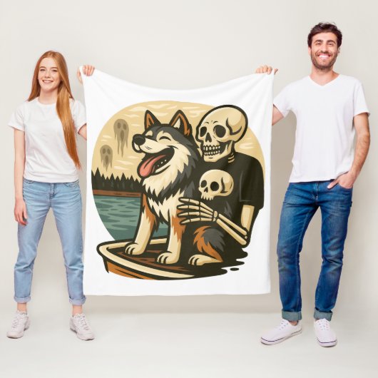Skeleton with Dog on Haunted Lake Horror Art Fleece Deken (In situ)