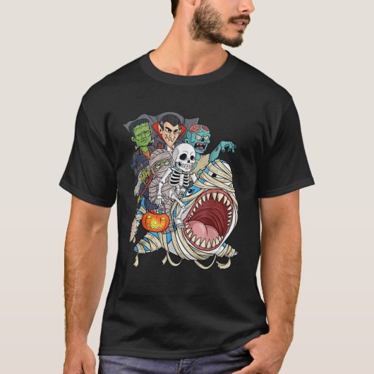 Skeleton Zombie Riding Mummy Shark Vampire Hallowe T-shirt (Voorkant)