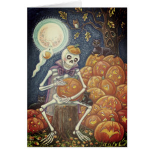 SKELETON, ZWARTE KATTEN DIE PUMPKIN WENSKAART VERV