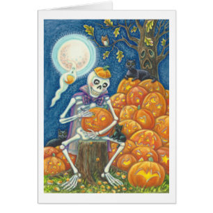 SKELETON, ZWARTE KATTEN DIE PUMPKIN WENSKAART VERV