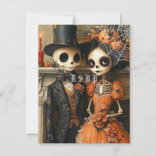 Skeletons Zwarte Spinnen Halloween Bruiloft RSVP Kaart