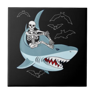 Skeletrog Riding Shark Funny Halloween Gifts Tegeltje