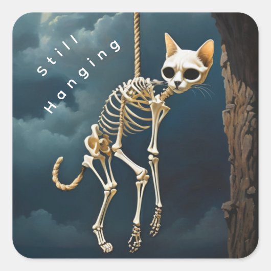 Skelton hangende vierkante kat sticker (Voorkant)