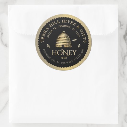 Skep with Bees op Black and Gold Honey Label (Tas)