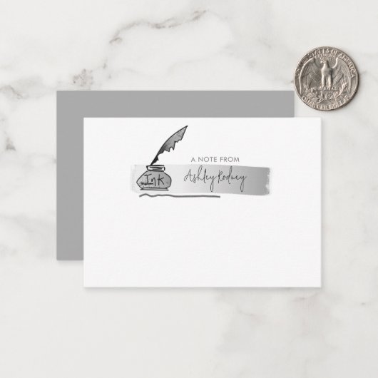 Sketch Faux Silver Quill Pen Script Notitiekaartje (Voorkant / Achterkant in situ)