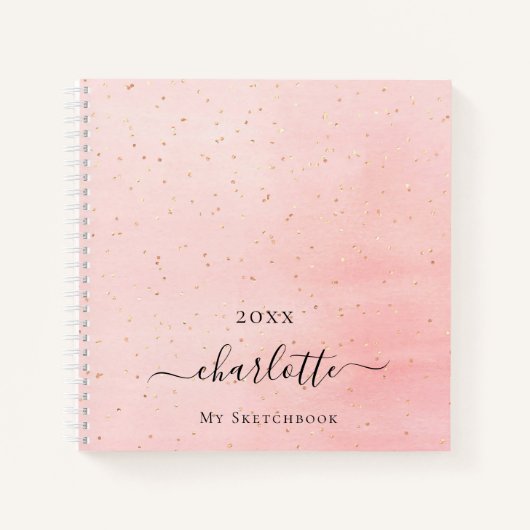 Sketchbook blush roze gouden naam script sparkles notitieboek (Voorkant)