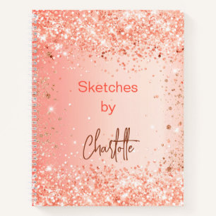 Sketchbook oranje roos goud glitter name script notitieboek