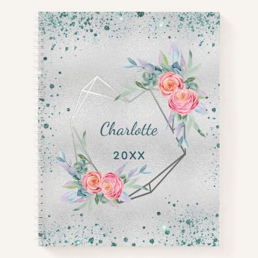 Sketchbook silver florals green glitter dust name notitieboek (Voorkant)