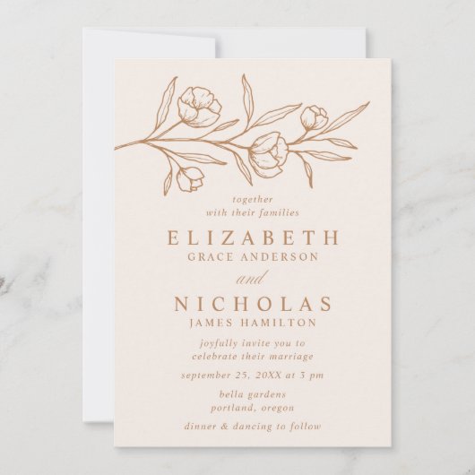 Sketched Floral Almond en Copper Wedding Kaart (Voorkant)