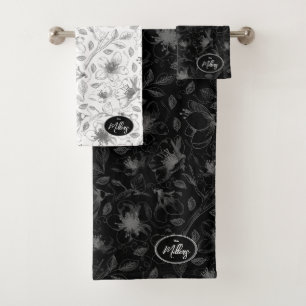 Sketched Floral contour Pattern Grey/Blk ID939 Bad Handdoek