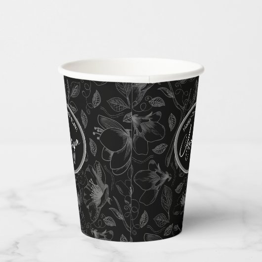 Sketched Floral contour Pattern Grey/Blk ID939 Papieren Bekers (Rechts)