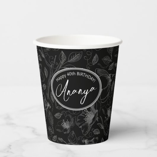 Sketched Floral contour Pattern Grey/Blk ID939 Papieren Bekers (Voorkant)