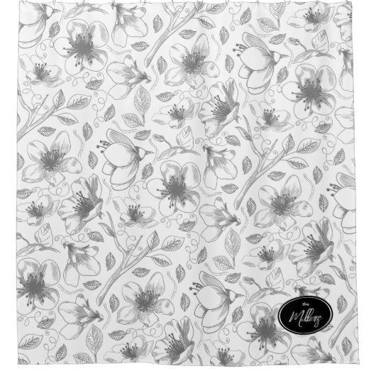 Sketched Floral contour Pattern Grey/Wht ID939 Douchegordijn (Voorkant)