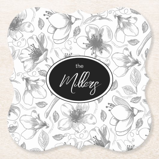 Sketched Floral contour Pattern Grey/Wht ID939 Kartonnen Onderzetters (Voorkant)
