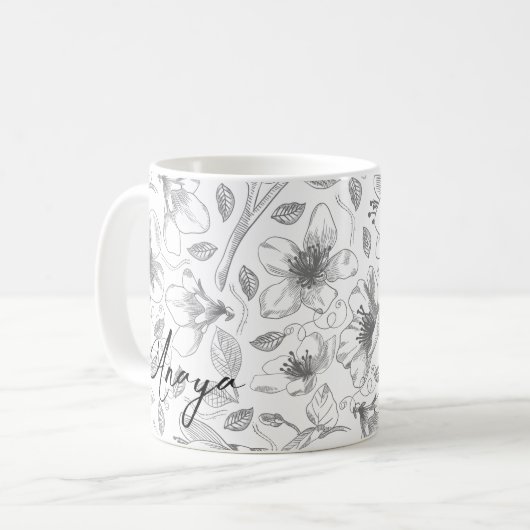 Sketched Floral contour Pattern Grey/Wht ID939 Koffiemok (Voorkant links)