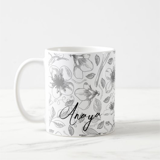 Sketched Floral contour Pattern Grey/Wht ID939 Koffiemok (Links)