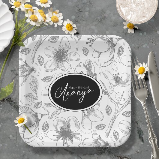 Sketched Floral contour Pattern Grey/Wht ID939 Papieren Bordje