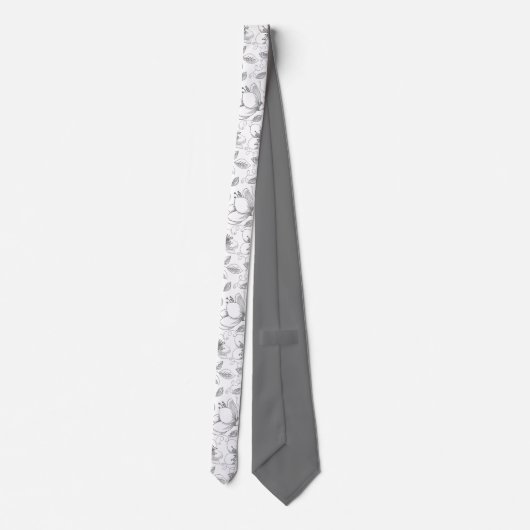 Sketched Floral contour Pattern Grey/Wht ID939 Stropdas (Achterkant)