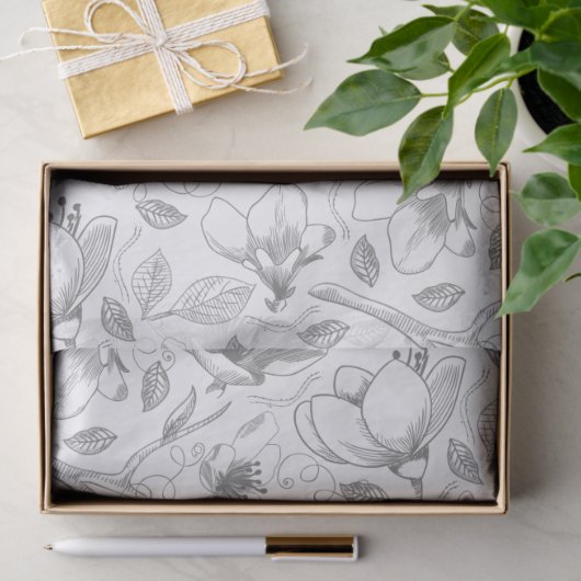 Sketched Floral contour Pattern Grey/Wht ID939 Tissuepapier (Geschenk)