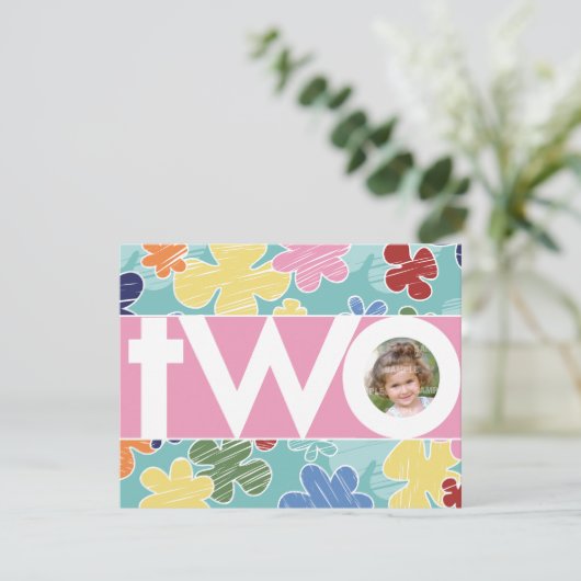 Sketchy Flowers Second Birthday Invitation Kaart (Staand voorkant)