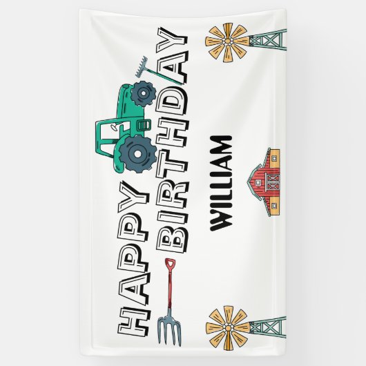Sketchy Tractor Boerderij Windmill Boy Happy Birth Spandoek (Verticaal)