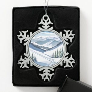 Ski Berg Aquarel Tin Sneeuwvlok Ornament