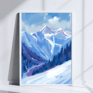 Ski Berg   Blauwe Aquarel Bergketen Poster
