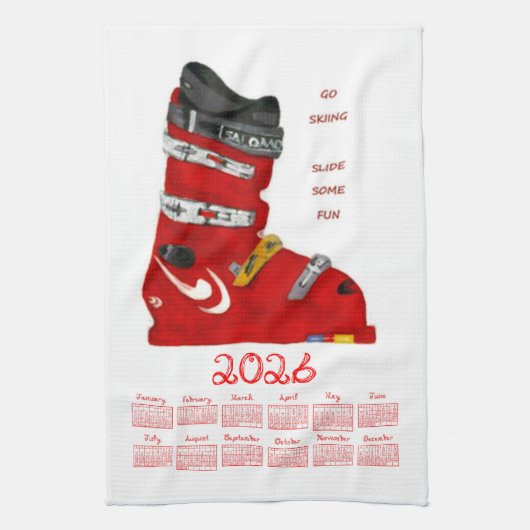 Ski Boot Ga Skilopen Glij Plezier 2026 Kalender Theedoek (Verticaal)