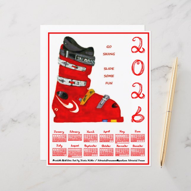Ski Boot Go Skiing Slide Some Fun 2026 Calendar (Voorkant / Achterkant in situ)