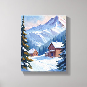 Ski Chalet Berglandschap Aquarel Winter Canvas Afdruk