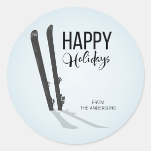 Ski d'hiver Happy Holidays Stickers Round