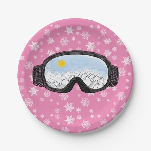 Ski Goggles Mountain Uitzicht Snowflakes Roze Papieren Bordje (Voorkant)
