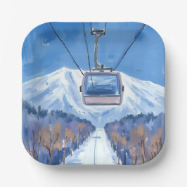 Ski Gondola Snow Mountain Watercolor Papieren Bordje
