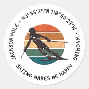 Ski Jackson Hole, Wyoming - Woman Skier Zwart Teks Ronde Sticker