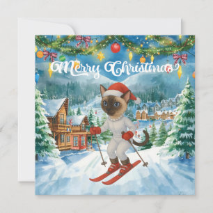 Ski Kerstmis voor Cat Santa Claus Siamese Cat fan Feestdagenkaart