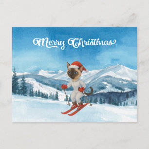 Ski Kerstmis voor Cat Santa Claus Siamese Cat fan Feestdagenkaart