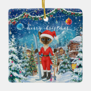 Ski Kerstmis voor Santa Siamese Cat Lovers Snowy Keramisch Ornament