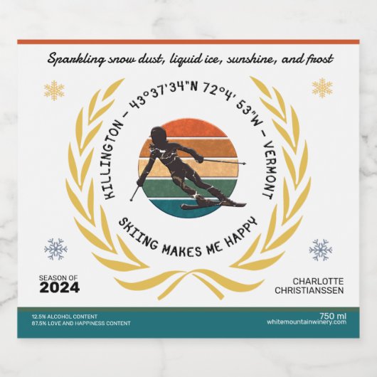 Ski Killington, Vermont - Vrouwe skiër, zwarte tek Sparkling Wijnetiket (Enkel label)